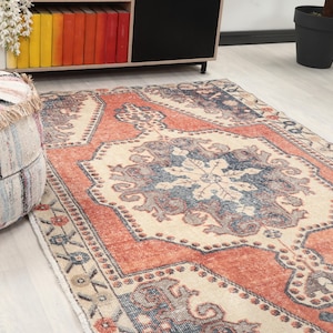 5x7 Red Beige Turkish Rug, 5x7 Handmade Oushak Runner, Bohemian Rug, Handmade Wool Rug, Antique Area Rug, Vintage Rug, Kitchen Bedroom Rug