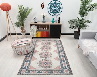 4x6 White Pink Blue Turkish Rug, 4x6 Handwoven Wool Rug, 4x6 Oushak Rug, Handmade Rug, Living Room Rug, Vintage Rug, Kitchen Rug, Dining Rug
