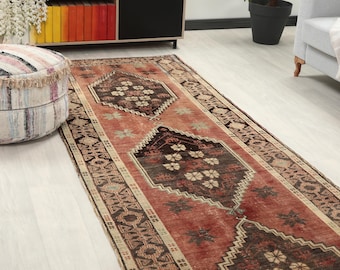 4x10 Vintage Red Brown Runner, 4x10 Handmade Rug, Oushak Runner, Bohemian Runner, Turkish Runner, Kitchen Runner, Stair Runner, Corridor Rug