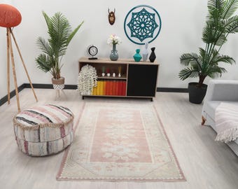 4x6 Pink Colorful Turkish Rug, 4x6 Faded Handwoven Rug, 4x6 Oushak Wool Rug, Living Room Rug, Vintage Rug, Kitchen Rug, Dining Room Rug