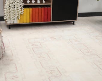6x10 Pink Beige Turkish Rug, Handmade Rug, 6x10 Oushak Rug, Wool Floral Rug, Faded Area Rug, Vintage Rug, Kitchen Wool Rug,Living Room Rug