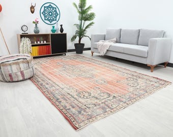 Alfombra turca de terracota descolorida de 1,8 x 3 m / Alfombra de lana vintage neutra para sala de estar / Decoración bohemia Oushak