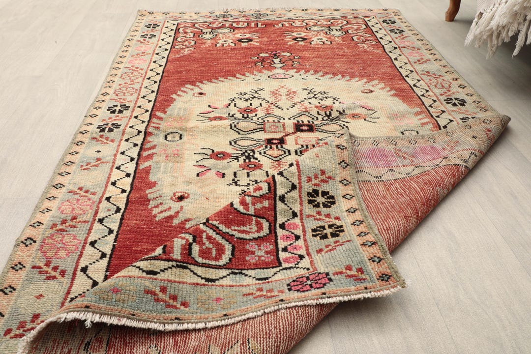 3x6 Red Beige Turkish Rug, 3x6 Oushak Rug, 3x6 Vintage Rug, Low
