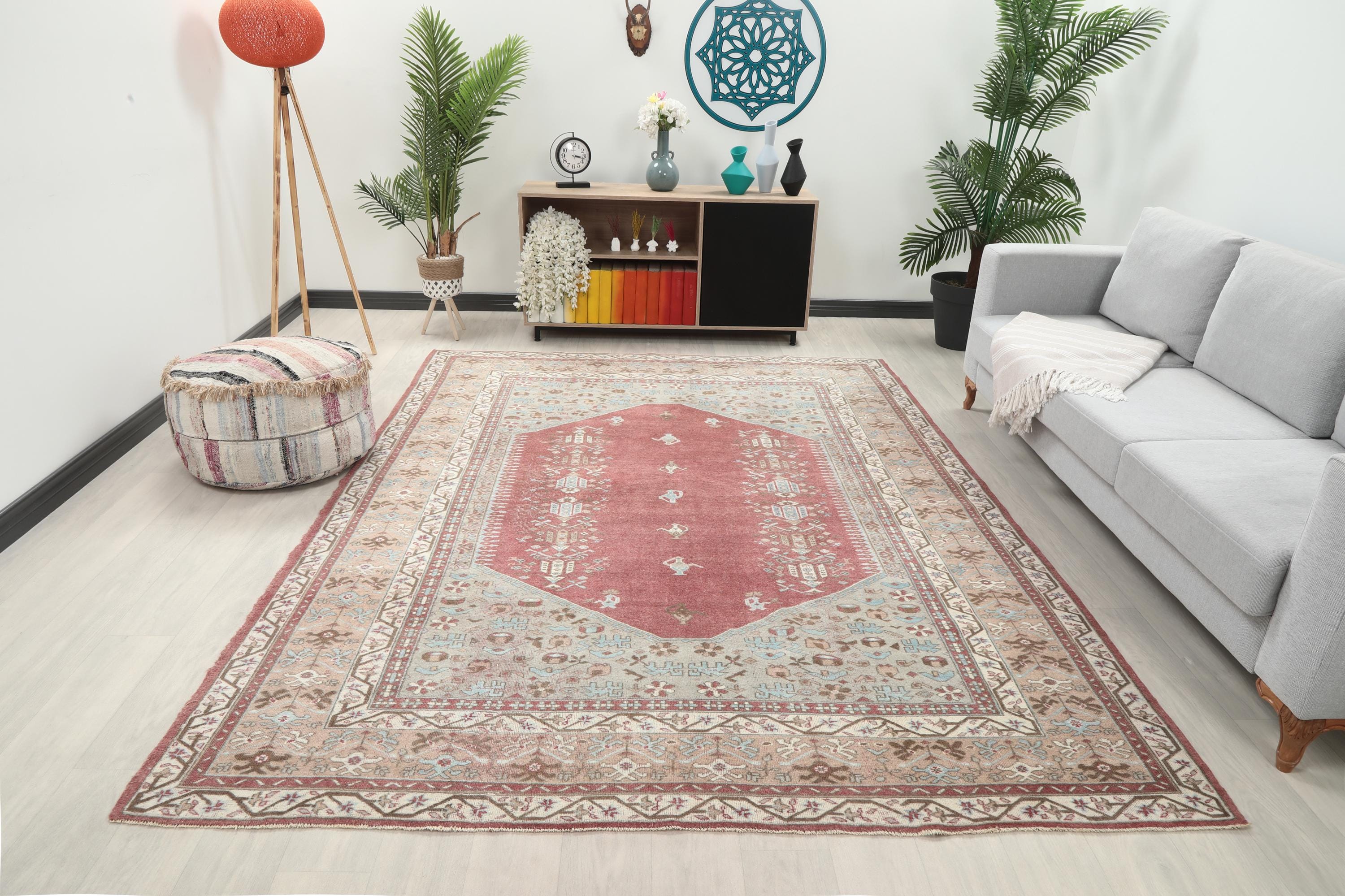 7x9 Pink Turkish Rug, 7x9 Oushak Area Rug, Persian Handmade Rug