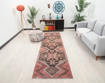 3x11 Red Brown Turkish Runner Rug, 3x11 Oushak Runner, Hallway Bohemian Runner, Handmade Rug, Antique Rug, Vintage Area Rug, Kitchen Runner