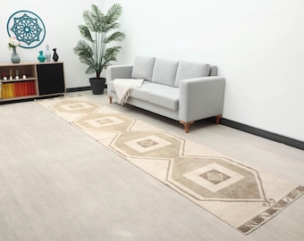 3x15 Ft Beige Brown Runner Rug, 3x15 Oushak Runner, 3x15 Bohemian Runner, Handmade Rug, Patterned Runner, 3x15 Vintage Runner Runner Rug