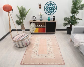 4x6 Pink Turkish Rug, 4x6 Handwoven Wool Rug, 4x6 Oushak Rug, Handmade Rug, Living Room Rug, Vintage Rug, Kitchen Area Rug, Dining Room Rug