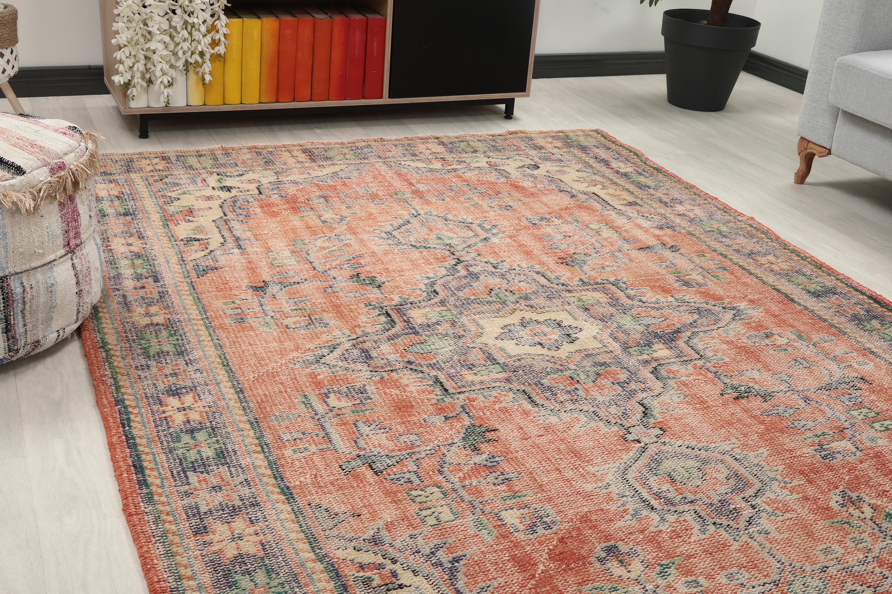 6x9 Turkish Orange Blue Rug, 6x9 Oushak Rug, Handmade Rug, Bedroom
