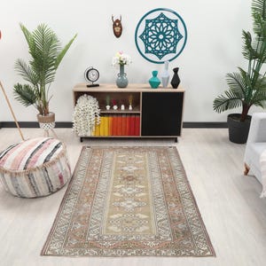 4x6 Green Beige Red Oushak Rug, 4x6 Handwoven Wool Rug, Turkish  Rug, Handmade Rug, Living Room Rug, Vintage Rug,Kitchen Rug,Dining Room Rug