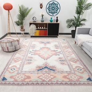 7x9 Pink Beige Blue Turkish Rug, 7x9 Oushak Area Rug, Handmade Rug, Boho Wool Rug, Patterned Vintage Rug, 7x9 Kitchen Rug, Living Room Rug