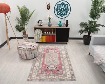 4x6 Pink Blue Turkish Rug, 4x6 Handwoven Wool Rug, 4x6 Oushak Rug, Handmade Rug, Living Room Rug, Vintage Rug, Kitchen Area Rug, Dining Rug