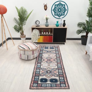 3x7 Pink Blue White Oushak Rug, 3x7 Corridor Colorful Runner, Home Decor, Hallway Runner, Turkish Bedroom Rugs, Antique Runner, Vintage Rug