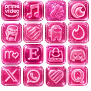 May include: A collection of sixteen pink, square-shaped app icons with various designs. Icons include a musical note, a peacock, a heart, the letter "E", and the "Prime Video" logo. The icons have a glittery, glossy appearance.