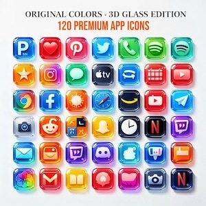 Könnte beinhalten: Eine Sammlung von 3D-Glas-App-Symbolen in verschiedenen Farben, darunter Social-Media-, Kommunikations- und Unterhaltungs-Apps. Das Bild enthält den Text "ORIGINAL COLORS - 3D GLASS EDITION" und "120 PREMIUM APP ICONS". Die Symbole sind quadratisch und glänzend.