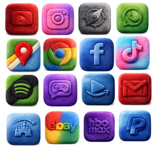 May include: Sixteen square, plush icons representing popular social media and app logos. The icons have a textured, furry appearance and include logos for YouTube, Instagram, and Facebook. Each icon is a different colour, with a soft, tactile finish.