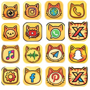 Kawaii Cat App-ikoner: Gul kattunge iOS Android-tema (digital nedladdning)