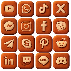 Könnte beinhalten: Sechzehn quadratische Icons in warmem Braun, die jeweils ein Social-Media-Logo in Off-White zeigen. Das Set enthält Logos für Plattformen wie YouTube, WhatsApp, TikTok, X, Messenger, Instagram, Facebook und mehr.