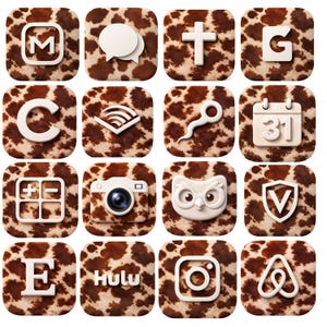 Könnte beinhalten: Eine Sammlung von sechzehn App-Symbolen mit einem Hintergrundmuster aus Kuhfell. Jedes Symbol zeigt ein weißes 3D-Design, einschließlich Buchstaben, Symbolen und einer Kamera. Die Symbole sind quadratisch mit abgerundeten Ecken.