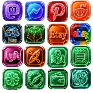 May include: Sixteen colourful, square glass icons. The icons represent social media platforms, e-commerce sites, and apps, including Etsy, eBay, Pinterest, and others. Each icon has a 3D effect, with vibrant colours and a glossy finish.