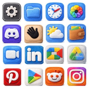 May include: A collection of sixteen colorful, square-shaped app icons with a felt-like texture. Each icon features a different design, including a gear, folder, clock, and social media logos like Discord, LinkedIn, and Instagram. The icons are outlined with white stitching.