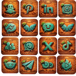 May include: A collection of sixteen square, carved wooden tiles featuring social media app logos. Each tile has a textured, brown background with a turquoise logo and a small green plant. Logos include Snapchat, Pinterest, LinkedIn, Instagram, and others.