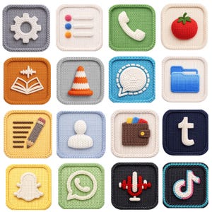 Puede incluir: Una colección de dieciséis iconos de aplicaciones tejidos, cada uno dentro de un marco cuadrado. Los iconos incluyen un engranaje, una lista, un teléfono, un tomate, un libro, un cono de tráfico, una burbuja de diálogo, una carpeta, un lápiz, una persona, una cartera, el logo de Tumblr, un fantasma de Snapchat, el logo de WhatsApp, un micrófono y el logo de TikTok.