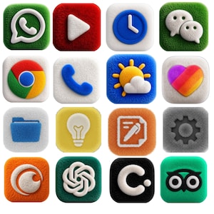 May include: Sixteen fluffy, square app icons are displayed. The icons feature various designs, including a WhatsApp chat bubble, a YouTube play button, a clock, a Chrome logo, a phone receiver, a sun and cloud, a heart, a folder, a lightbulb, a pen and paper, a gear, and other app logos.