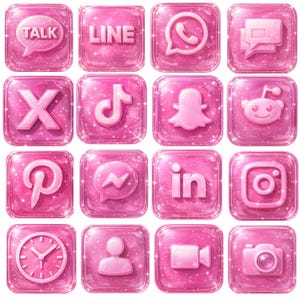 May include: Sixteen pink, square social media icons with a glittery effect. Each icon features a different logo, including Talk, Line, WhatsApp, X, TikTok, Snapchat, Pinterest, Messenger, LinkedIn, Instagram, a clock, a user, a video camera, and a camera.