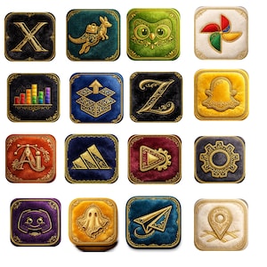 May include: Sixteen square app icons with a plush texture and gold filigree borders. Each icon displays a unique design, such as letters, animals, and stylized graphics in colours like black, green, and gold. The overall style is vintage and luxurious, with a detailed finish.