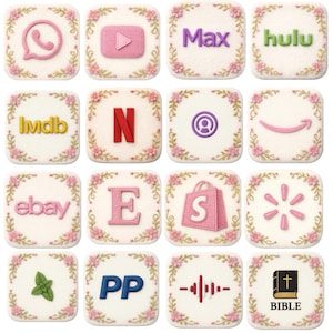 以下が含まれることがあります： WhatsApp、YouTube、Max、Hulu、IMDb、Netflix、@マーク、Amazon、eBay、E、ショッピングバッグ、Walmart、ミントの葉、PP、音波、聖書など、アプリのロゴとテキストが描かれた16個の正方形のクッキー。 各クッキーは花のボーダーで飾られています。