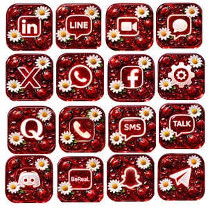 May include: A collection of sixteen red, square-shaped social media icons. Each icon features a white logo, such as "in" for LinkedIn, "f" for Facebook, and "X" for X. The icons are decorated with ladybugs, daisies, and water droplets.