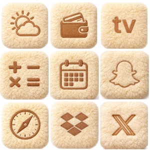 May include: A collection of nine square, beige, fluffy app icons with brown embroidered designs. The icons include a sun and cloud, wallet, TV, calculator, calendar, Snapchat ghost, compass, Dropbox logo, and an X.