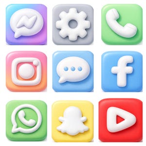May include: Nine colorful, 3D-rendered social media app icons. The icons include Facebook, Instagram, WhatsApp, Snapchat, YouTube, Messenger, Settings, a phone, and a speech bubble, each with a white outline and a gradient background.