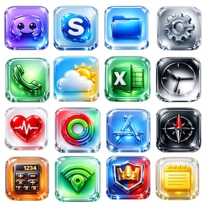 Peut inclure: Une collection de seize icônes d'applications carrées et brillantes avec un effet de verre 3D. Les icônes incluent un logo Discord, un logo Skype, un dossier, un engrenage, un téléphone, un soleil et un nuage, un logo Excel, une horloge, un cœur, un anneau de fitness, un logo App Store, une boussole, une calculatrice, un symbole Wi-Fi, un bouclier et un calendrier.