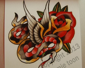 6x6 digital print, winged snake and rose