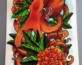 Octopus in Flowers - Digital print