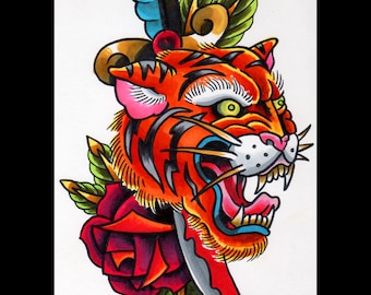 Tiger and Dagger Tattoo Flash print