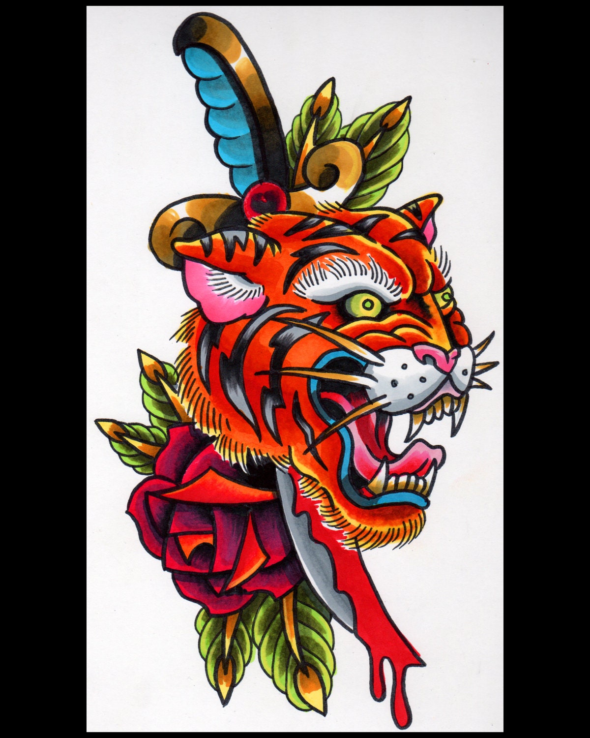 Tiger and Dagger Tattoo Flash Print - Etsy Tiger and Dagger Tattoo Flash Print - Etsy