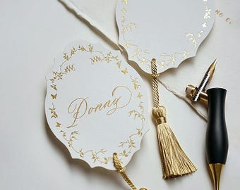 Personalized Calligraphy Place Cards with Tassel, Wedding & Event Escort Cards, Elegant Handwritten Name Tags, Folded Seating Table Cards
