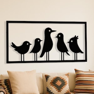 Bird Family Metal Wall Art Silhouette of Five Birds on Branch Modern Minimalist Black Wall Decor for Living Room Nursery or Patio