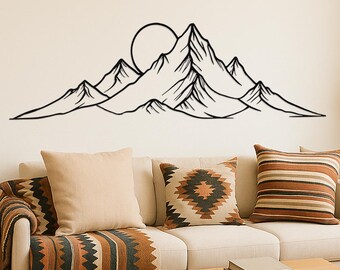 Quadro minimalista in metallo con sole e montagna, decorazione murale a tema natura.
