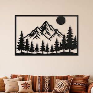 Decorazione da parete in metallo raffigurante una foresta di montagna, decorazione da parete con paesaggio nero, arazzo da parete in metallo raffigurante un albero di pino e una scena naturale, per casa rustica in stile baita.