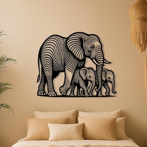 Elefantenfamilie Metallwandkunst, schwarze Safari-Tiersilhouette, modernes Dschungeldekor, Mama Elefant und Babykalb-Metallwandbehang