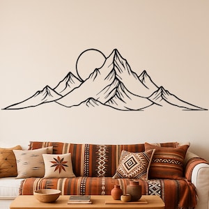 Mountain Metal Wall Art, Minimalist Mountain Scene Wall Decor with Sun, Rustic Cabin Wall Hanging, Nature Lover Gift, Modern Black Metal Art