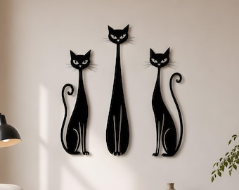 Conjunto de arte mural de metal con gatos, decoración minimalista de gatos, decoración para colgar en el hogar.