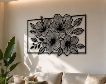 Hibiscus Flower Metal Wall Art, Floral Silhouette Decor, Modern Tropical Panel Hanging