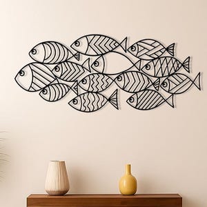 Modern Fish School Metal Wall Art, Coastal Ocean Theme Metal Wall Decor for Living Room, Bathroom, or Beach House
