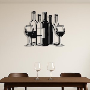 Wine Bottles Metal Wall Art | Modern Kitchen and Bar Wall Decor | Black Wine Glass Wall Hanging for Dining Room or Wine Cellar