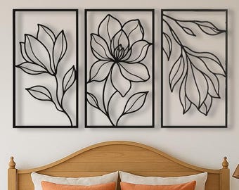 Large 3 Panel Metal Wall Art Set with Minimalist Floral Line Art Design – Modern Flower Metal Wall Decor for Living Room & Bedroom