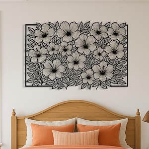 Kwiatowa, botaniczna metalowa sztuka ścienna | Panel z kwiatem hibiskusa do salonu lub sypialni | Elegancka, czarna metalowa dekoracja ścienna inspirowana naturą